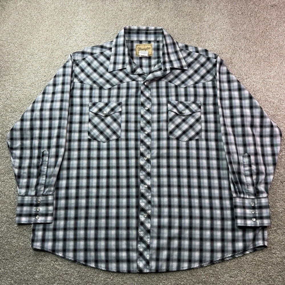 Wrangler‎ Shirt Adult 2XL XXL Blue White Cowboy Rodeo Western Snap Piping Mens